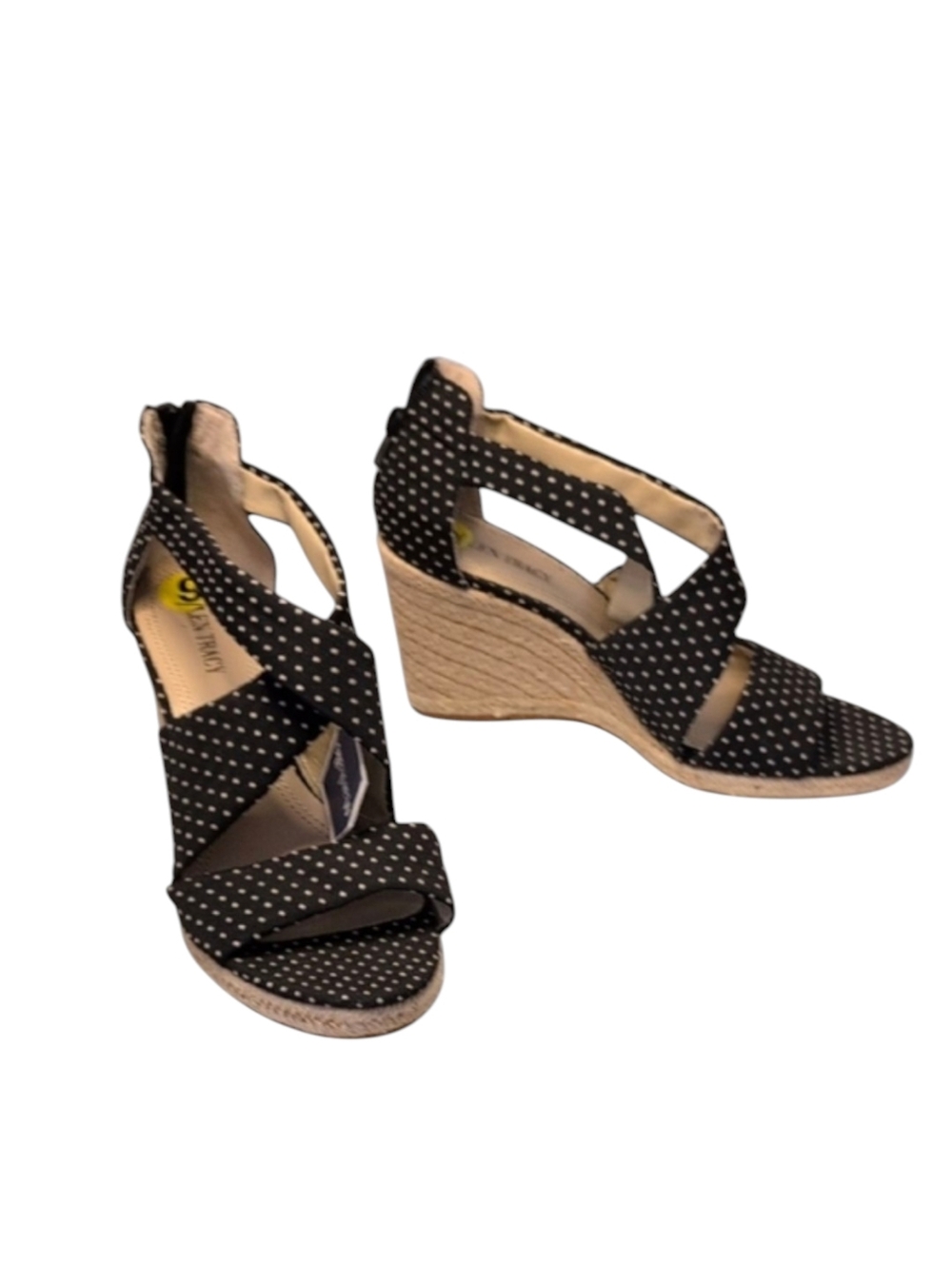Ellen Tracey Edison Black with White Polka Dots Cross Straps Wedge Espad…